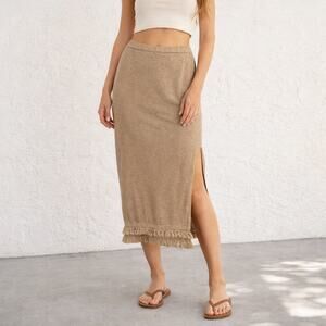 Hausen Tan Fringe Hem Knit Midi Skirt Boho Minimalist Sz M